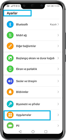 Telefonunuzun Ayarlar kısmından Uygulamalar’a girin.
